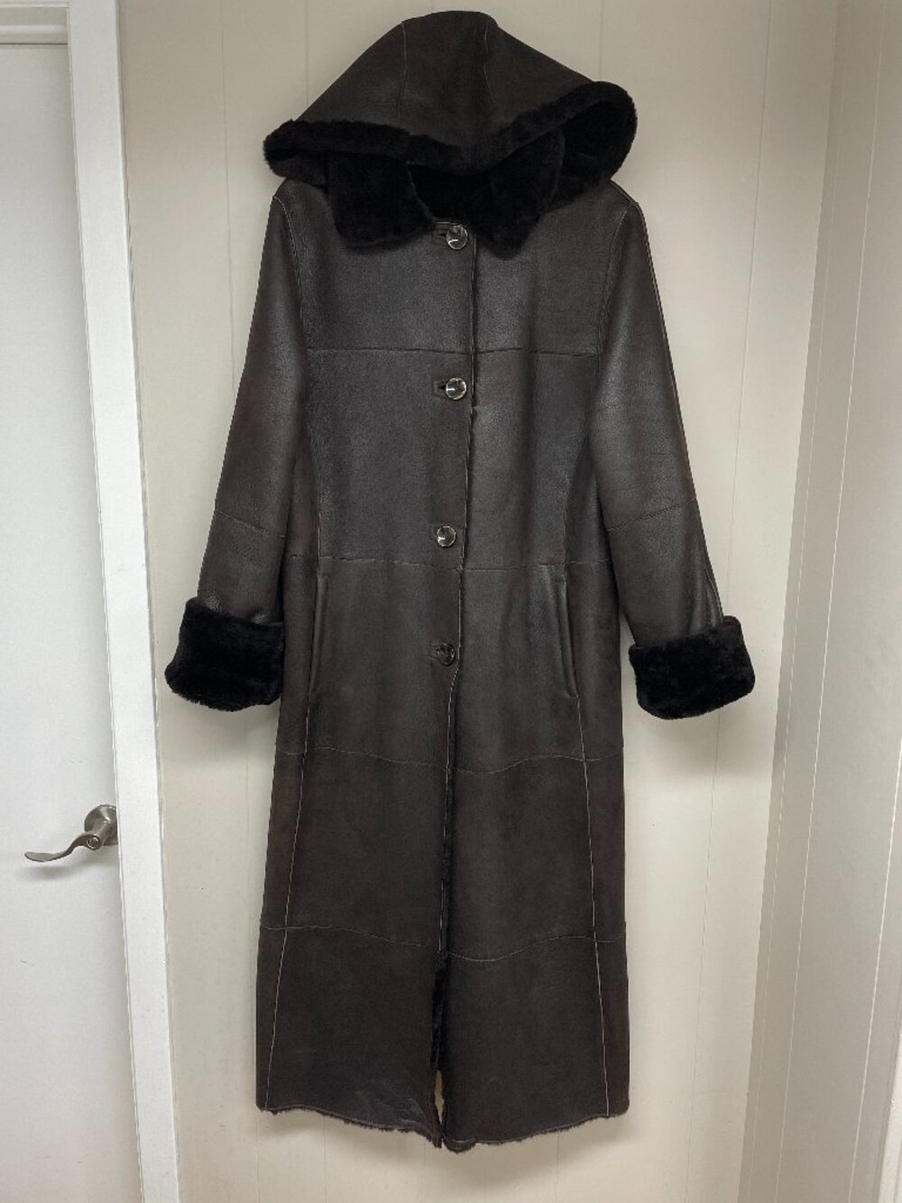 Robrik Italy Made Brown Genuine Shearling Sheepskin Hooded Long Coat Women's L